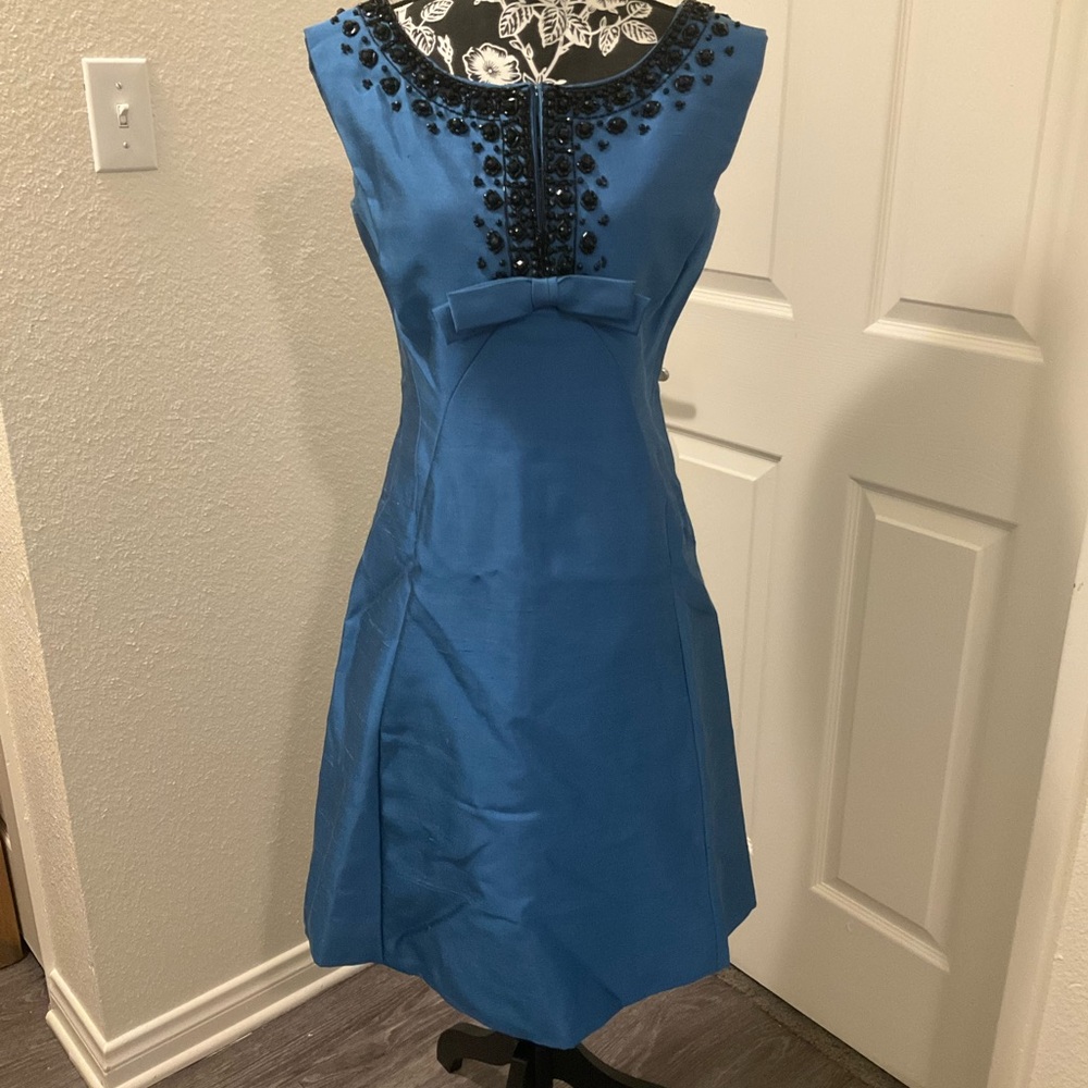Vintage Blue Sleeveless Dress with Black Beaded Accents